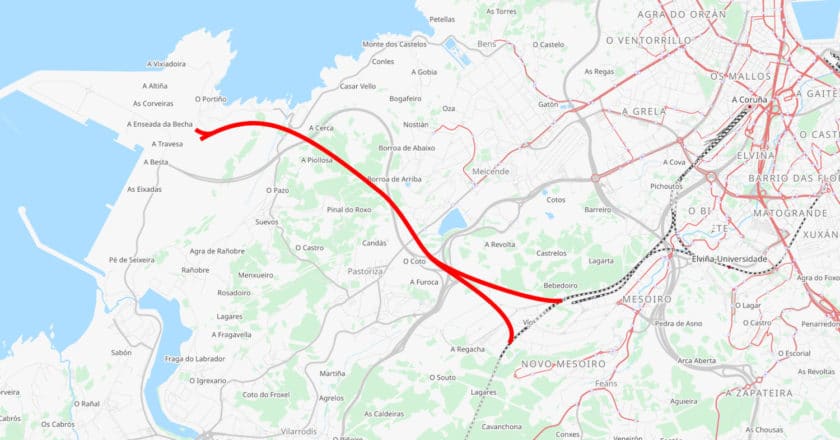 Plano orientativo sobre el trazado del acceso ferroviario al Puerto Exterior de La Coruña basado en OpenStreetMap.