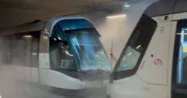 Screenshot of a video showing the two trams after the collision at Strasbourg Central Station. MALO_ZRNLD in X.