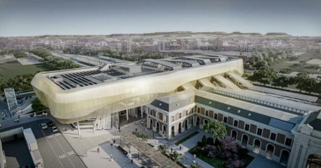 Imagen aérea del diseño a ordenador del nuevo edificio de Valladolid Campo Grande junto al antiguo y la marquesina reformada. © ADIF.